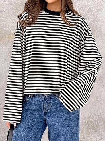 Womens Striped Sweatshirt Oversized Crewneck Long Sleeve Shirt Pullover Y2K Tops in Kuwait