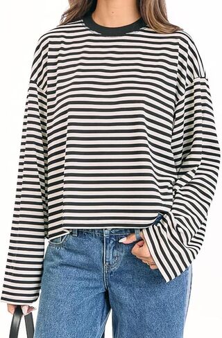 Womens Striped Sweatshirt Oversized Crewneck Long Sleeve Shirt Pullover Y2K Tops in Kuwait