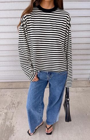 Womens Striped Sweatshirt Oversized Crewneck Long Sleeve Shirt Pullover Y2K Tops in Kuwait