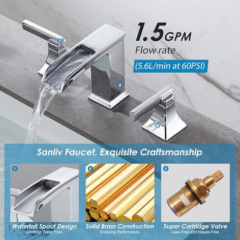 صنبور حمام واسع النطاق 3 ثقب ، صنبورات شلال الذهب المصنفة من Sanliv لأحواض الحمام 8 أو 4 بوصات ، مقبضان صنبور 3 ثقوب مع مجموعة الصرف ، الذهب المصقول in Kuwait