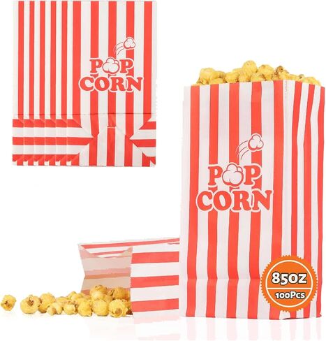 85oz Large Paper Popcorn Bags, Popcorn Individual Bag for Family Party, Big Snack Bags For Movie Night Supplies - Red White Stripe - 100Pcs/Pack in Saudi Arabia