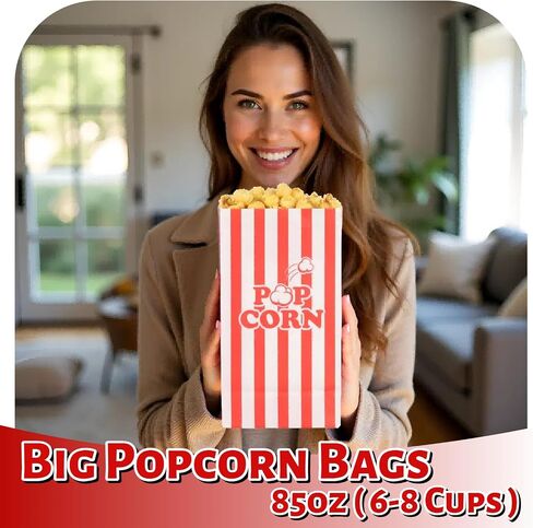 85oz Large Paper Popcorn Bags, Popcorn Individual Bag for Family Party, Big Snack Bags For Movie Night Supplies - Red White Stripe - 100Pcs/Pack in Saudi Arabia