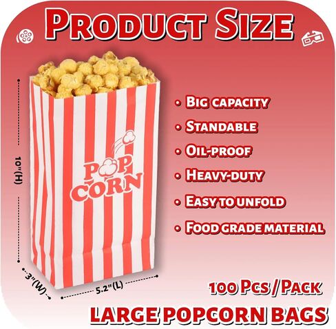 85oz Large Paper Popcorn Bags, Popcorn Individual Bag for Family Party, Big Snack Bags For Movie Night Supplies - Red White Stripe - 100Pcs/Pack in Saudi Arabia