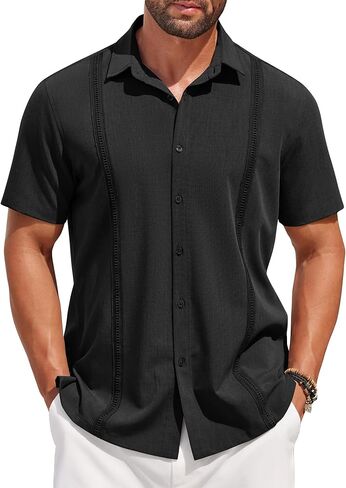 قميص رجالي من COOFANDY بأكمام قصيرة كوبي Guayabera، قمصان صيفية كاجوال للشاطئ بأزرار سفلية in Kuwait