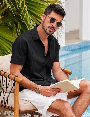 قميص رجالي من COOFANDY بأكمام قصيرة كوبي Guayabera، قمصان صيفية كاجوال للشاطئ بأزرار سفلية in Kuwait