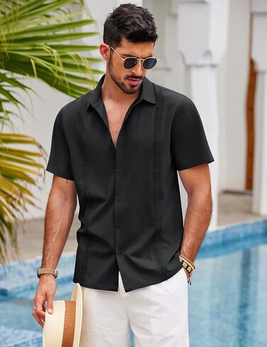 قميص رجالي من COOFANDY بأكمام قصيرة كوبي Guayabera، قمصان صيفية كاجوال للشاطئ بأزرار سفلية in Kuwait