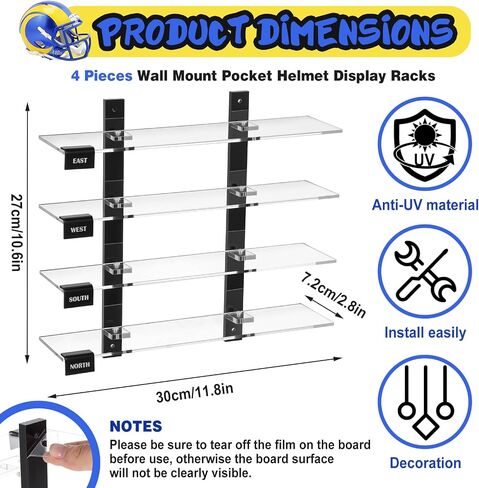 Mini Football Helmet Display Racks Wall Mount Pocket Helmet Storage Acrylic Clear Baseball Stand Display Rack Ideal Gift for Sports Enthusiast, 11.81 x 9.84 x 3.15 Inches in Saudi Arabia