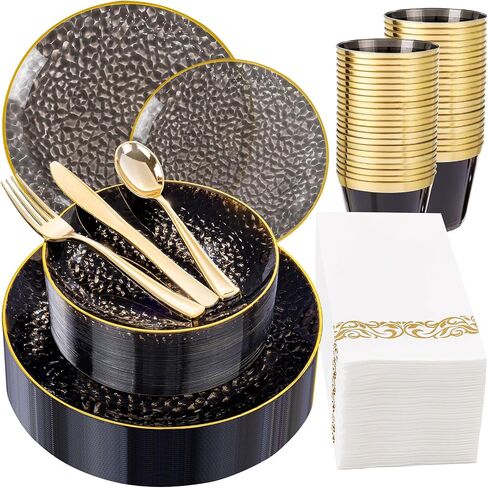 Dayammi 175pcs واضحة واضحة للدمن من الذهب الذهب لمادة 25 ضيفًا ، ولوحات متاحة متاح للحفلة ، تشمل: 25 لوحة عشاء ، 25 لوحات حلوى ، 75 من الذهب والفضة ، 25 مناديل ، 25 كوبا in Saudi Arabia