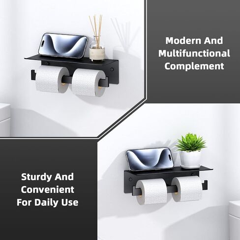 Angle Simple Matte Black Toilet Paper Holder with Shelf, 304 Stainless Steel Double Toilet Tissue Roll Holder for Wall in Kuwait