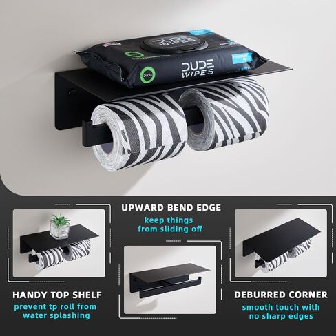 Angle Simple Matte Black Toilet Paper Holder with Shelf, 304 Stainless Steel Double Toilet Tissue Roll Holder for Wall in Kuwait