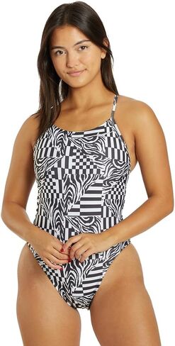 Nike Women's Hydrastrong Multi Print Lace Up Tie Back One One Swimsuit Black/White ، 32 in Saudi Arabia