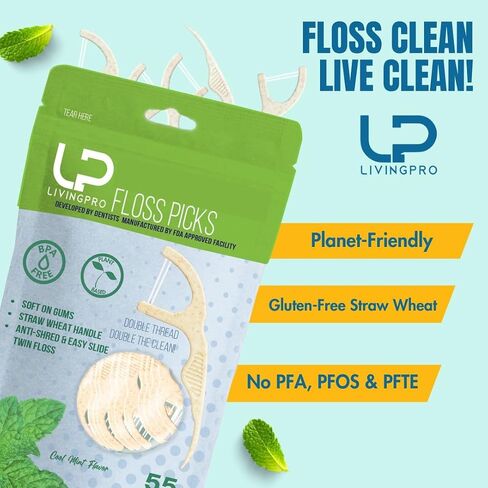 اختيارات خيط Twin Line Biodegedable (220 عدد) - خيط الأسنان القابل للتسميد Minty Fresh -Double Thread 2x The Clean | قضية السفر المكافأة | Thing Thing Thread Glide سهلة ومقاومة in Kuwait