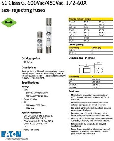 Bussmann Brand SC-7 (SC-7) 7AMP Time-Delay Class Fuse G Melamine Tube 600V UL SC-7 (SC-7) in Saudi Arabia