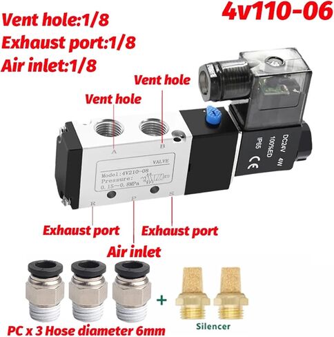 4V110 Pneumatic Electric Solenoid Valve 5 Way 2 Position Control Air Solenoid Valve 4V110-06 DC12V DC24V AC24V AC110V AC220V(Pc 4v110-06 8mm,AC380V) in Saudi Arabia
