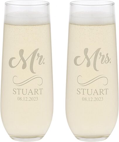 Gifts Inscribed Personalized Champagne Glasses Set of 2 – Engraved Mr and Mrs Champagne Flutes – Custom Stemmed Glassware Gift for Wedding, Engagement, Anniversary, Bridal Party in Saudi Arabia