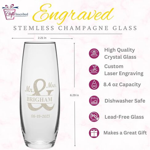 Gifts Inscribed Personalized Champagne Glasses Set of 2 – Engraved Mr and Mrs Champagne Flutes – Custom Stemmed Glassware Gift for Wedding, Engagement, Anniversary, Bridal Party in Saudi Arabia