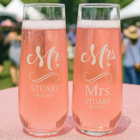 Gifts Inscribed Personalized Champagne Glasses Set of 2 – Engraved Mr and Mrs Champagne Flutes – Custom Stemmed Glassware Gift for Wedding, Engagement, Anniversary, Bridal Party in Saudi Arabia
