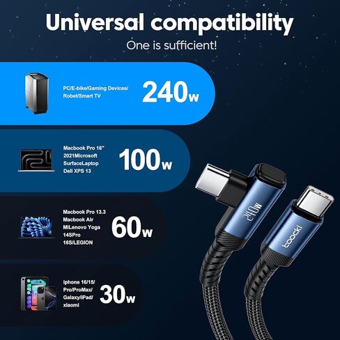 toocki USB C Cable, 2Pack, 10ft, 240W Fast Charging Type C Cord, 90 Degree in Kuwait