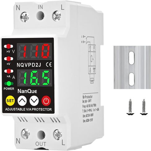 100-240V Universal Adjustable Over Under Voltage and Current Protector Automatic Recovery 80-300Volt 1-63Amp 40-70Hz Self Reset Electrical V A Display AC DC Power Meter Single Phase (63A) in Saudi Arabia