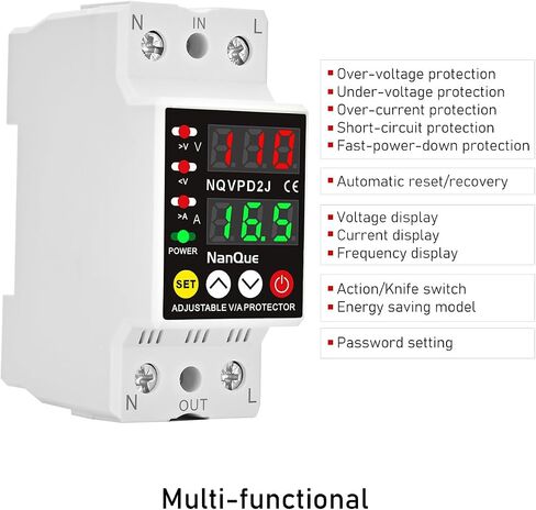 100-240V Universal Adjustable Over Under Voltage and Current Protector Automatic Recovery 80-300Volt 1-63Amp 40-70Hz Self Reset Electrical V A Display AC DC Power Meter Single Phase (63A) in Saudi Arabia