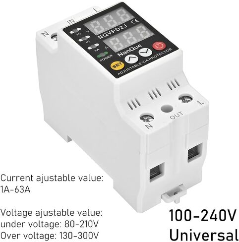 100-240V Universal Adjustable Over Under Voltage and Current Protector Automatic Recovery 80-300Volt 1-63Amp 40-70Hz Self Reset Electrical V A Display AC DC Power Meter Single Phase (63A) in Saudi Arabia