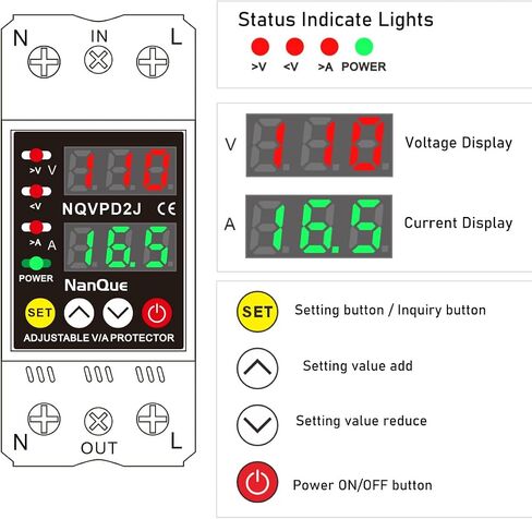 100-240V Universal Adjustable Over Under Voltage and Current Protector Automatic Recovery 80-300Volt 1-63Amp 40-70Hz Self Reset Electrical V A Display AC DC Power Meter Single Phase (63A) in Saudi Arabia