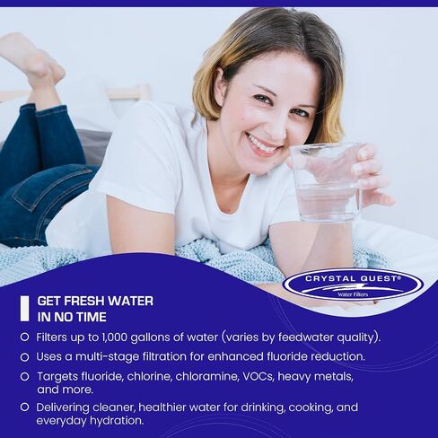 Crystal Quest Smart/Fluoride Removal Filter Filter Pitcher Cartridge - الترشيح المتقدم للمياه الصحية والصحية ، يزيل الملوثات ، والتركيب الطويل ، السهل - 1000 جالون in Kuwait