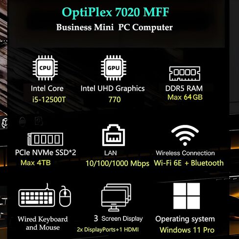 Dell Optiplex 5070 Micro MFF Desktop PC Intel i3-9100T, 8GB DDR4 New 256GB M.2 NVMe SSD, WiFi BT HDMI New KB & Mouse Windows 11 Pro (Renewed) in Kuwait