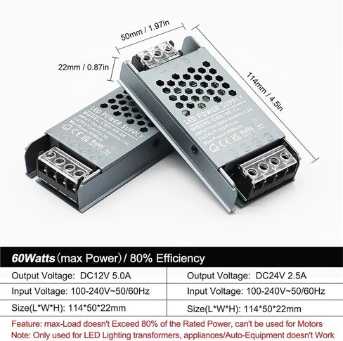 DC 12V 24V LED Power Supply AC/DC 60W AC100V-240V LED Transformer Driver Silently Used for LED Light Strip Lighting Tools(DC 12V) in Saudi Arabia