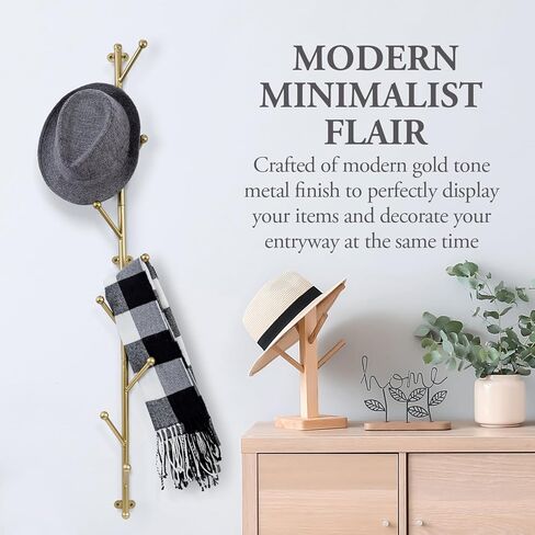 MyGift 9 Hook Wall Mounted Modern Gold Tone Metal Hat and Coat Hanger Tree, Decorative Entryway Vertical Hanging Garment Rack with Branch Style Hooks for Umbrellas Scarves Purses in Kuwait