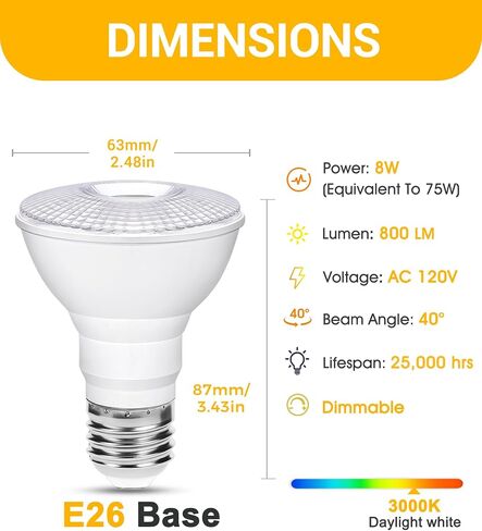 Flaspar PAR20 LED LED LID Light Light 5000k Day Daylight White Dimmable Outdoor ، 75W مكافئ 8W PAR20 لمبات ، e26 قاعدة متوسطة ، 60 درجة أضواء عاكس العاكس لأضواء الشرفة ، الفناء ، حديقة ، 2 عبوة in Kuwait