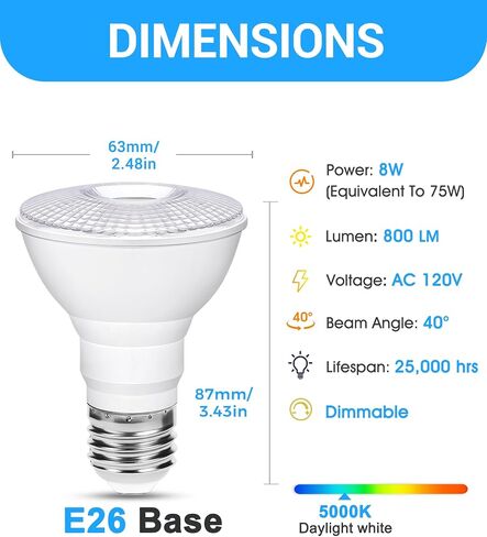 Flaspar PAR20 LED LED LID Light Light 5000k Day Daylight White Dimmable Outdoor ، 75W مكافئ 8W PAR20 لمبات ، e26 قاعدة متوسطة ، 60 درجة أضواء عاكس العاكس لأضواء الشرفة ، الفناء ، حديقة ، 2 عبوة in Kuwait