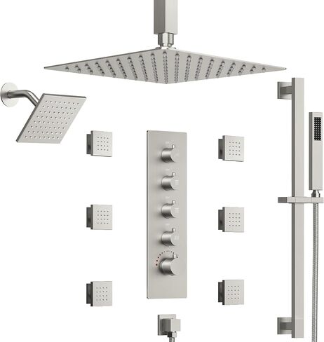 16 Inch Rainfall Shower System for Bathroom with Valve, Dual Rainfall Shower Head Faucet with 6 Body Jets (Matte Black) in Saudi Arabia