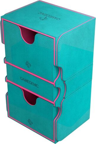 Gamegenic Stronghold 200+ XL Convertible Deck Box - Double-Sleeved Card Storage, Holds up to 200 Cards, Card Game Protector with Accessories Drawer, Nexofyber Surface, Teal/Pink Color, Made in Kuwait