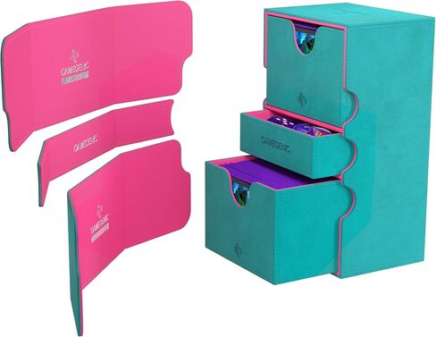 Gamegenic Stronghold 200+ XL Convertible Deck Box - Double-Sleeved Card Storage, Holds up to 200 Cards, Card Game Protector with Accessories Drawer, Nexofyber Surface, Teal/Pink Color, Made in Kuwait