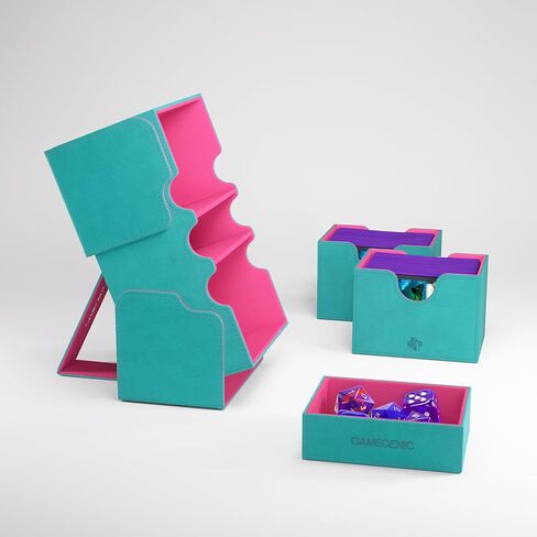 Gamegenic Stronghold 200+ XL Convertible Deck Box - Double-Sleeved Card Storage, Holds up to 200 Cards, Card Game Protector with Accessories Drawer, Nexofyber Surface, Teal/Pink Color, Made in Kuwait