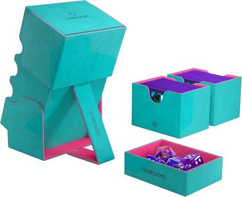 Gamegenic Stronghold 200+ XL Convertible Deck Box - Double-Sleeved Card Storage, Holds up to 200 Cards, Card Game Protector with Accessories Drawer, Nexofyber Surface, Teal/Pink Color, Made in Kuwait