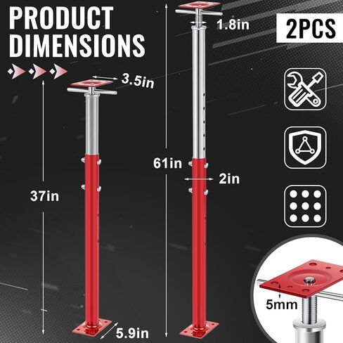 2 PCS Post Jack Post ، 37 "-61" REAVE ، مقابس المسمار في الطابق السفلي لرفع شعاع JOIST لسقف القبو ، سعة تحميل نقطة الوسط 11023 رطل ، أحمر ، أحمر in Kuwait