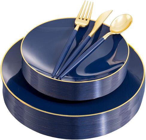 Liacere 150PCS Blue Plastic Plates - Gold Plastic Silverware with Blue Handle - Navy Disposable Plates Include 30 Guests Plates,Forks,Spoons,Knives for Wedding&Party&Back to School&Labor Day in Saudi Arabia