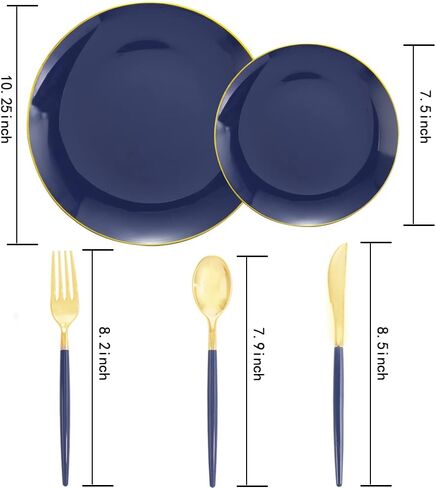 Liacere 150PCS Blue Plastic Plates - Gold Plastic Silverware with Blue Handle - Navy Disposable Plates Include 30 Guests Plates,Forks,Spoons,Knives for Wedding&Party&Back to School&Labor Day in Saudi Arabia