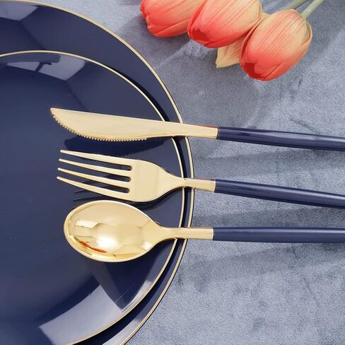 Liacere 150PCS Blue Plastic Plates - Gold Plastic Silverware with Blue Handle - Navy Disposable Plates Include 30 Guests Plates,Forks,Spoons,Knives for Wedding&Party&Back to School&Labor Day in Saudi Arabia
