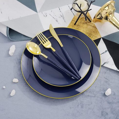 Liacere 150PCS Blue Plastic Plates - Gold Plastic Silverware with Blue Handle - Navy Disposable Plates Include 30 Guests Plates,Forks,Spoons,Knives for Wedding&Party&Back to School&Labor Day in Saudi Arabia