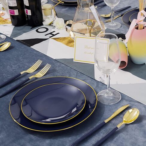 Liacere 150PCS Blue Plastic Plates - Gold Plastic Silverware with Blue Handle - Navy Disposable Plates Include 30 Guests Plates,Forks,Spoons,Knives for Wedding&Party&Back to School&Labor Day in Saudi Arabia