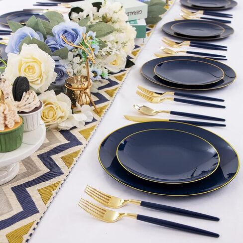 Liacere 150PCS Blue Plastic Plates - Gold Plastic Silverware with Blue Handle - Navy Disposable Plates Include 30 Guests Plates,Forks,Spoons,Knives for Wedding&Party&Back to School&Labor Day in Saudi Arabia