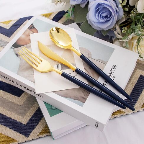 Liacere 150PCS Blue Plastic Plates - Gold Plastic Silverware with Blue Handle - Navy Disposable Plates Include 30 Guests Plates,Forks,Spoons,Knives for Wedding&Party&Back to School&Labor Day in Saudi Arabia