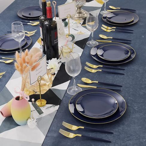 Liacere 150PCS Blue Plastic Plates - Gold Plastic Silverware with Blue Handle - Navy Disposable Plates Include 30 Guests Plates,Forks,Spoons,Knives for Wedding&Party&Back to School&Labor Day in Saudi Arabia