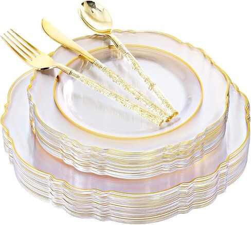 Liacere 150PCS Blue Plastic Plates - Gold Plastic Silverware with Blue Handle - Navy Disposable Plates Include 30 Guests Plates,Forks,Spoons,Knives for Wedding&Party&Back to School&Labor Day in Saudi Arabia