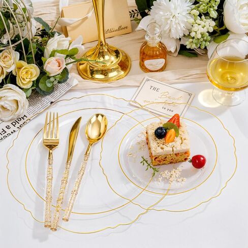 Liacere 150PCS Blue Plastic Plates - Gold Plastic Silverware with Blue Handle - Navy Disposable Plates Include 30 Guests Plates,Forks,Spoons,Knives for Wedding&Party&Back to School&Labor Day in Saudi Arabia