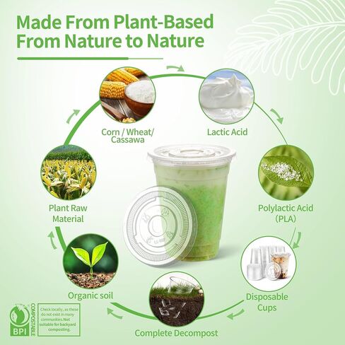 16 OZ Compostable Clear Plastic Disposable Iced Coffee Cups with Flat Lids, Biodegradable Cold Drinking To Go Coffee Cups for Party Smoothie, Slushy, Milkshake Lemonade 50 Sets in Saudi Arabia