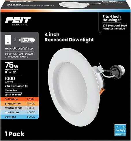 Feit Electric تعزيز 4IN LED LED REACROUTED ، 75W مكافئ ، 1000 لومين ، قابلة للضايق ، ودرجة حرارة اللون الأبيض القابل للتعديل ، تناسب معظم المطبخ 4 بوصة ، 90+ CRI ، 50،000 ساعة العمر ، LEDR4XHO/6WYCA in Kuwait